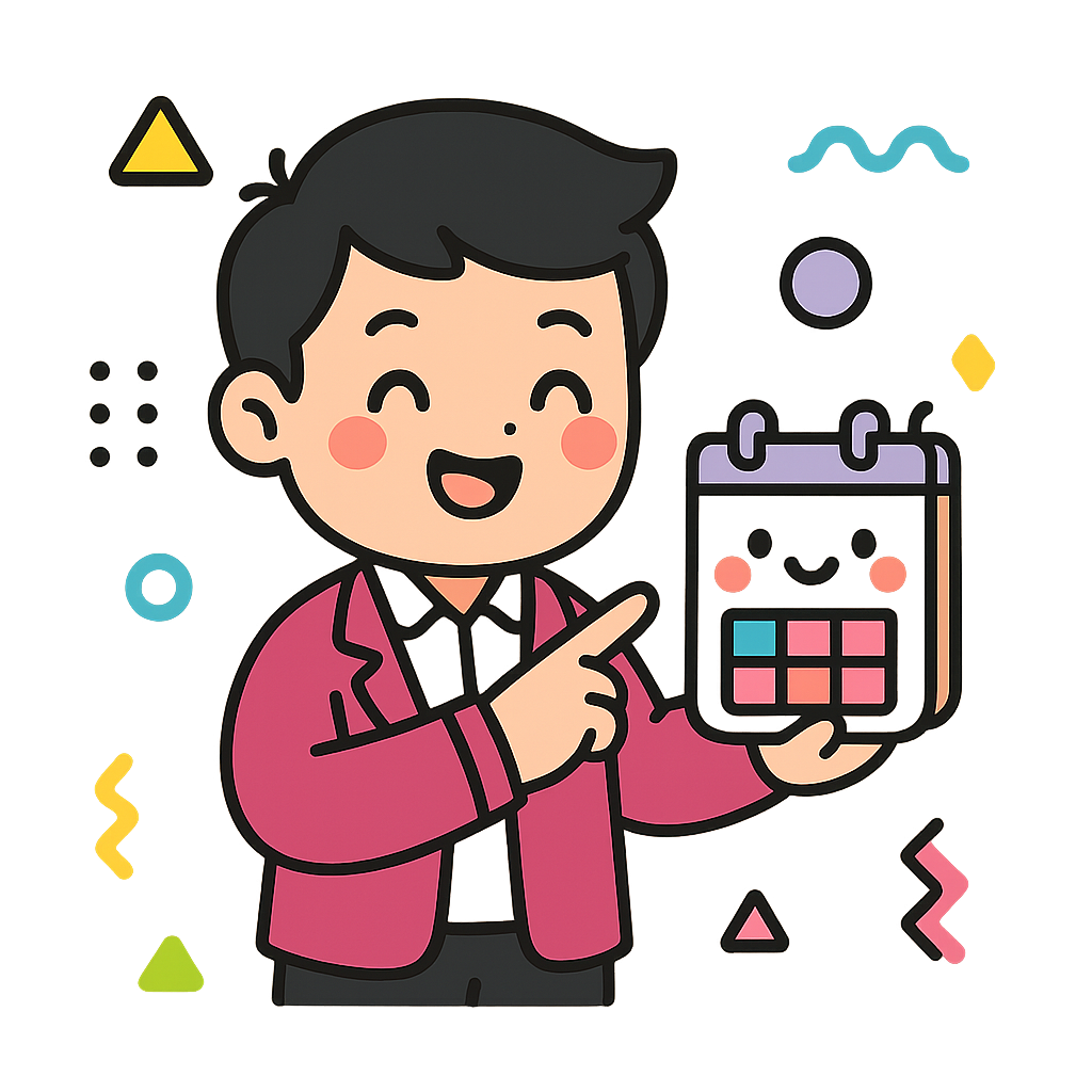 Illustration of Smiling manager points at calendar
